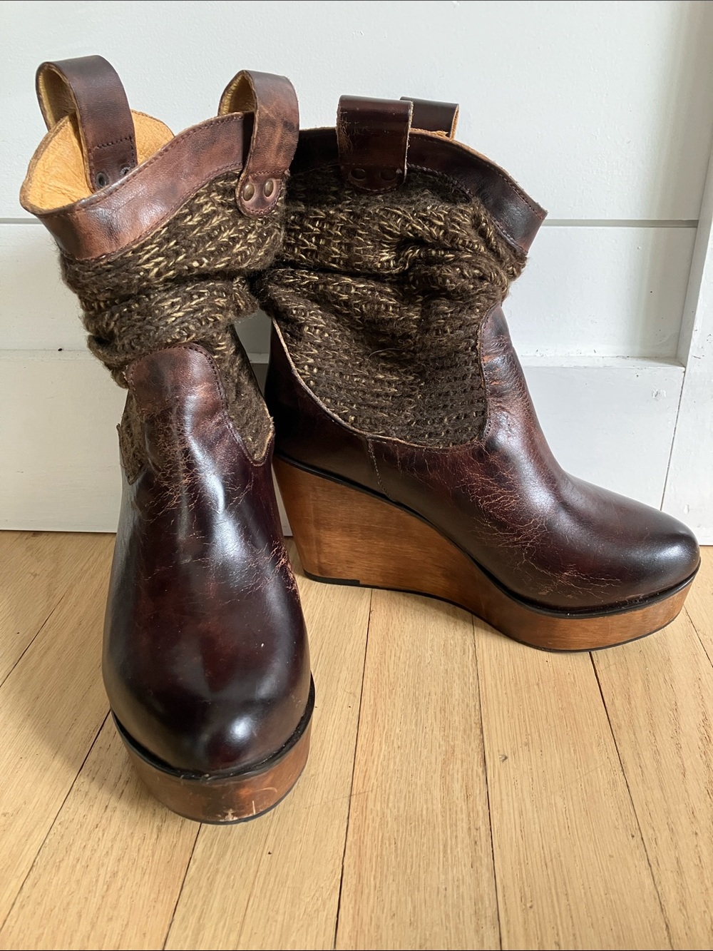 Bed Stu Brown Leather Wedge Booties with Knit Cuff 6.5